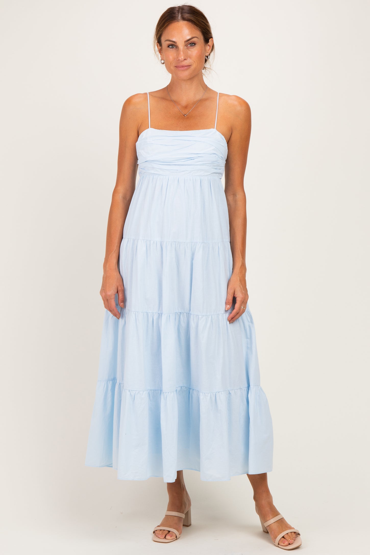 Light Blue Tiered Bow Detail Midi Dress