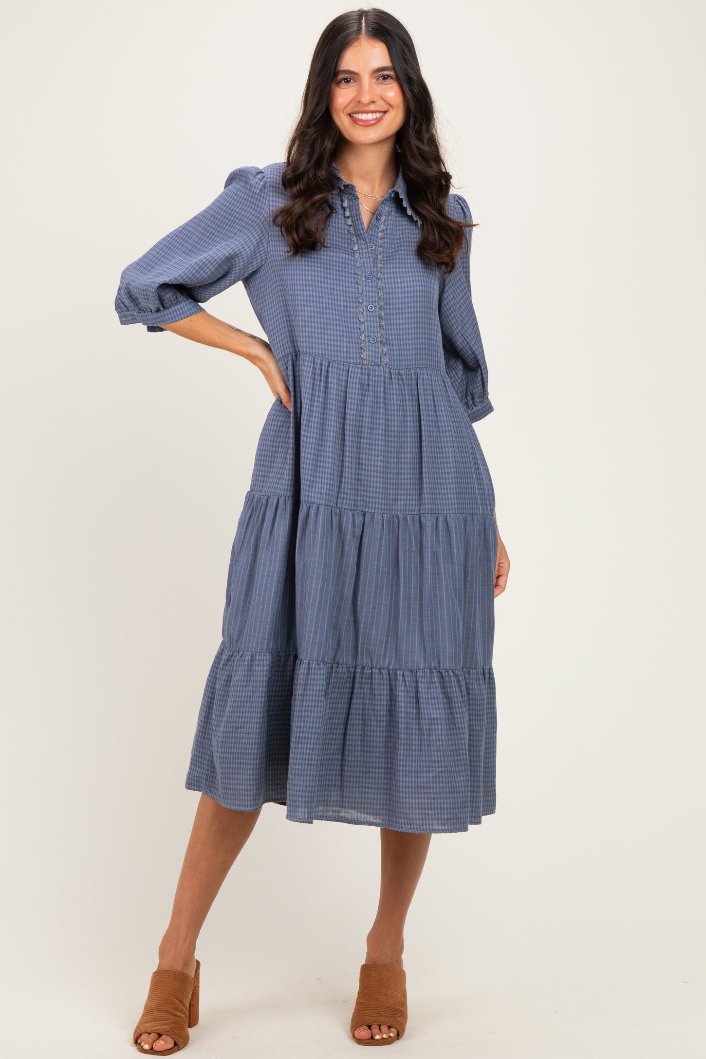 Blue Gingham Button Up Tiered Midi Dress
