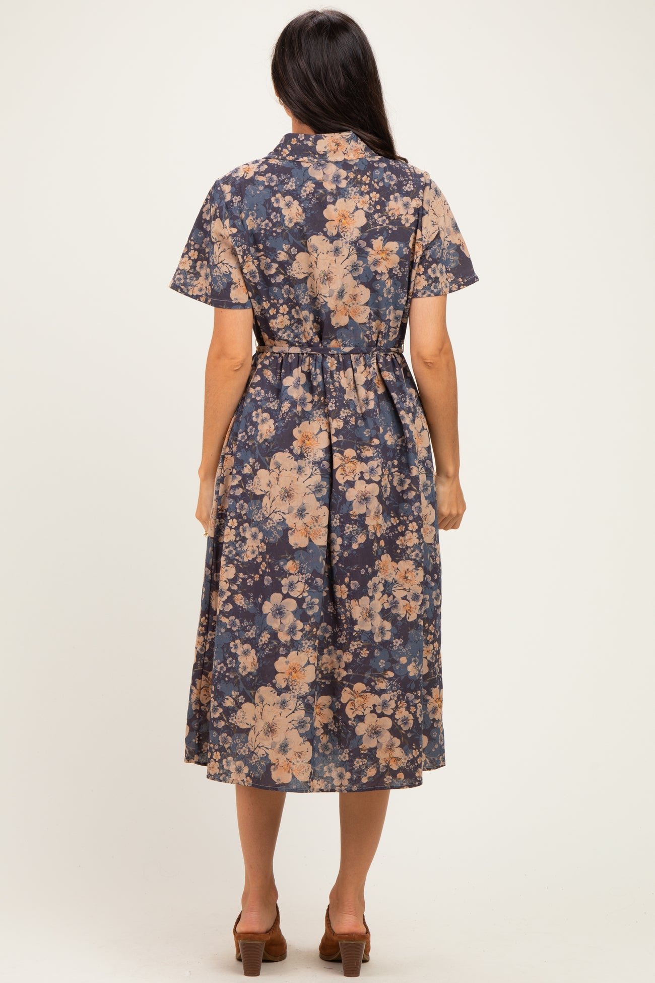 Navy Blue Floral Button Up Midi Dress