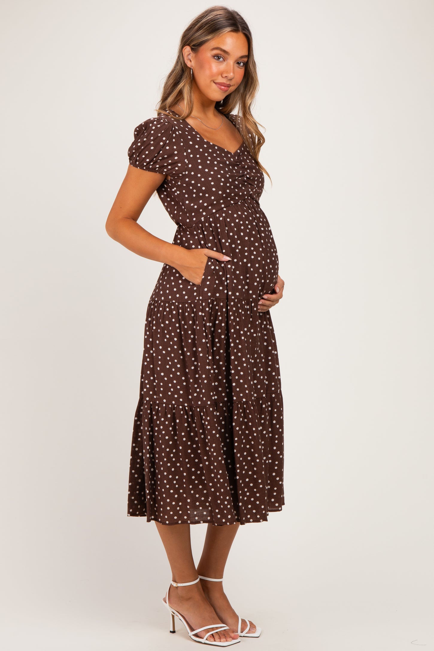 Brown Polka Dot Short Sleeve Maternity Midi Dress