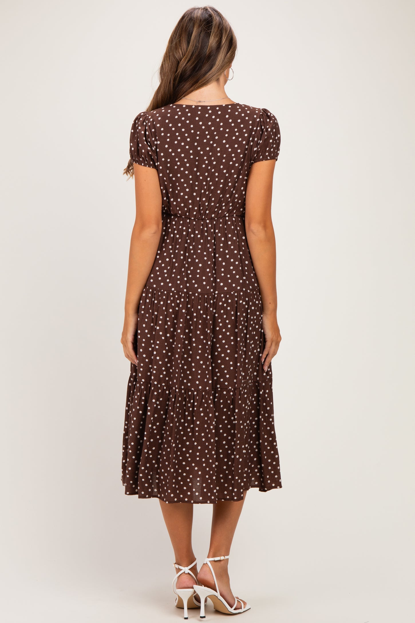 Brown Polka Dot Short Sleeve Maternity Midi Dress
