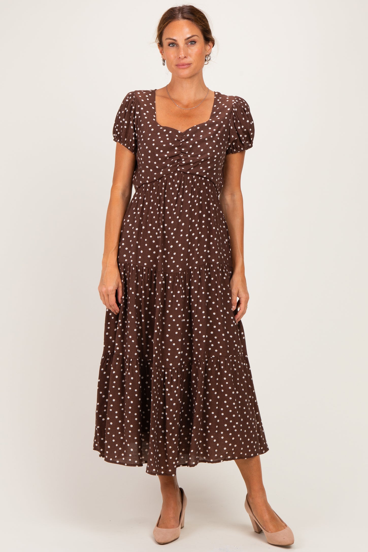 Brown Polka Dot Short Sleeve Maternity Midi Dress