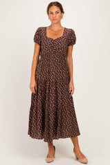 Brown Polka Dot Short Sleeve Maternity Midi Dress