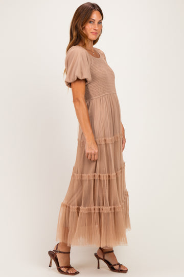 Brown Smocked Square Neck Tiered Midi Dress