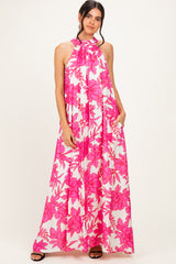 Pink Floral Halter Maternity Maxi Dress