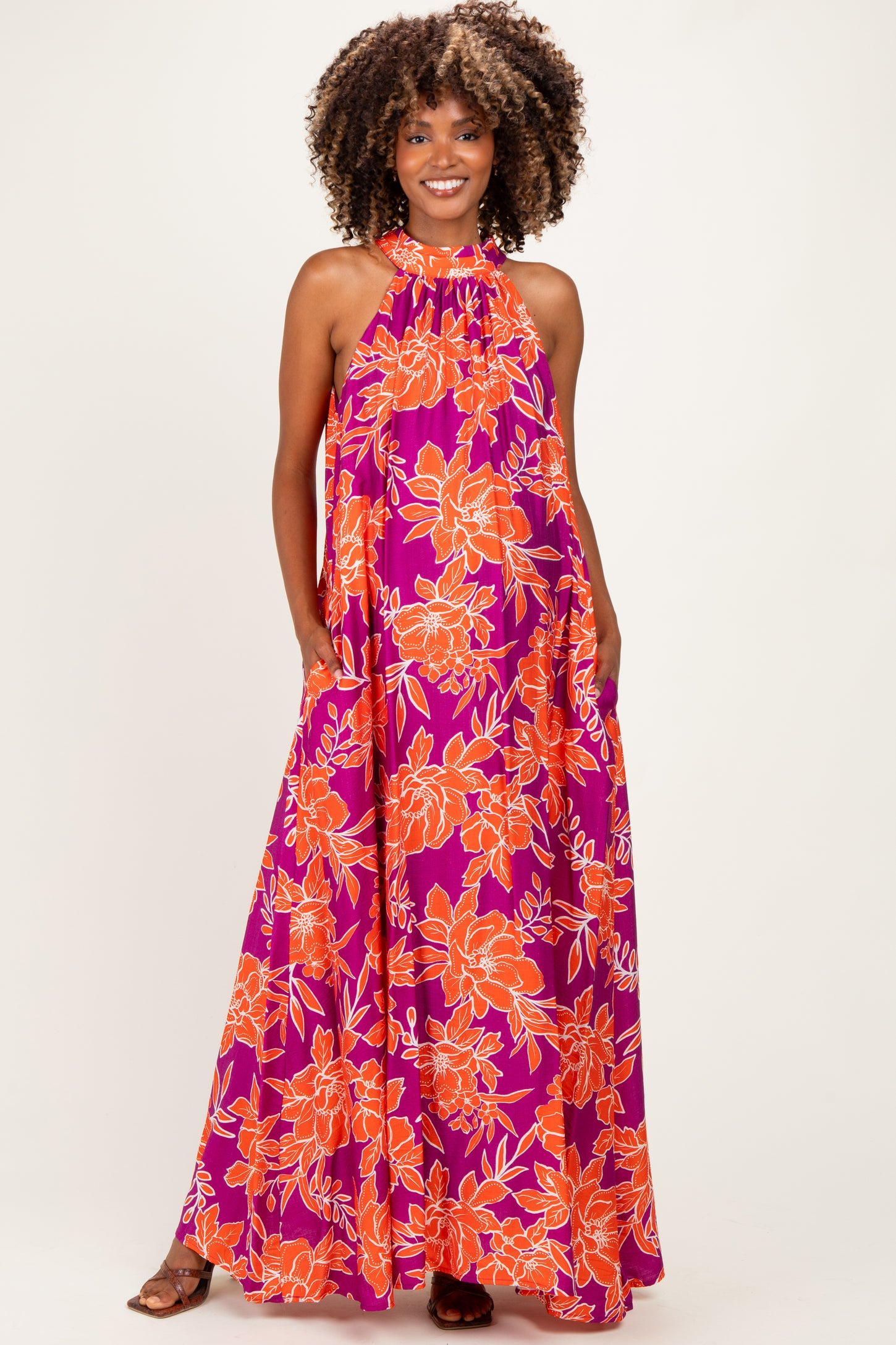 Plum Floral Halter Maternity Maxi Dress