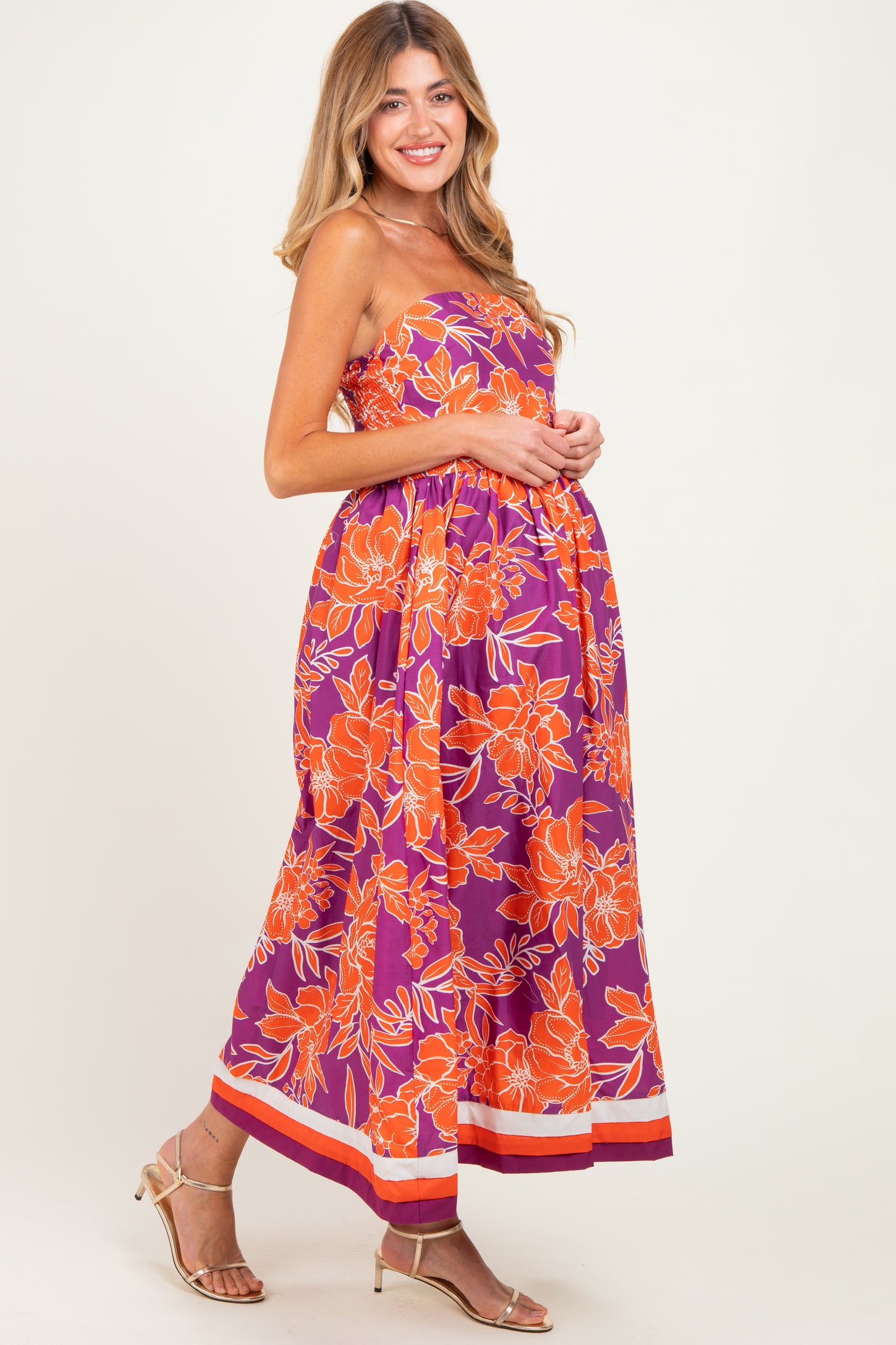 Plum Floral Strapless Maternity Midi Dress
