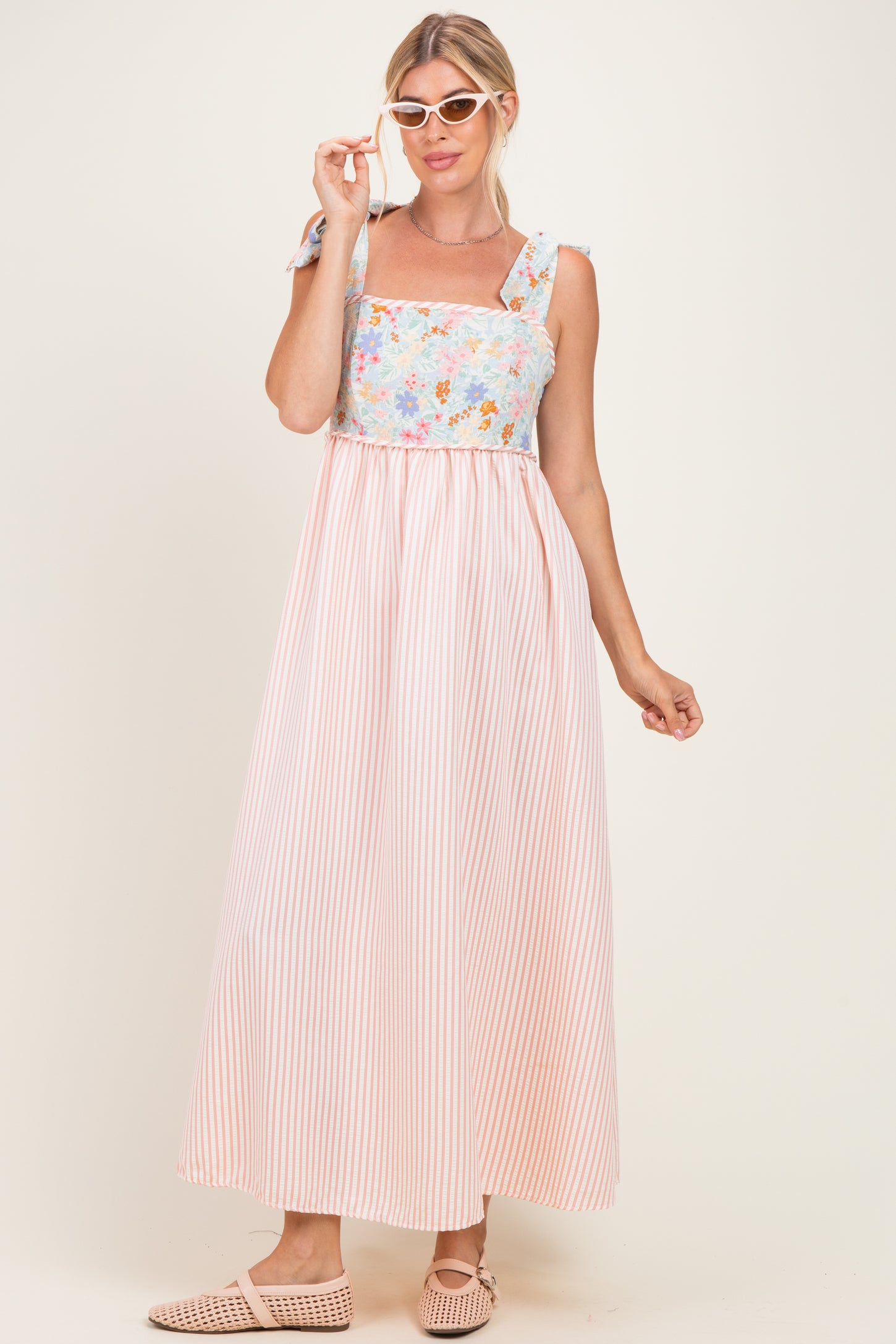 Pink Striped Sleeveless Smocked Floral Maxi Dress