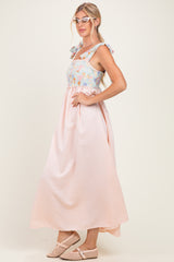 Pink Striped Sleeveless Smocked Floral Maxi Dress