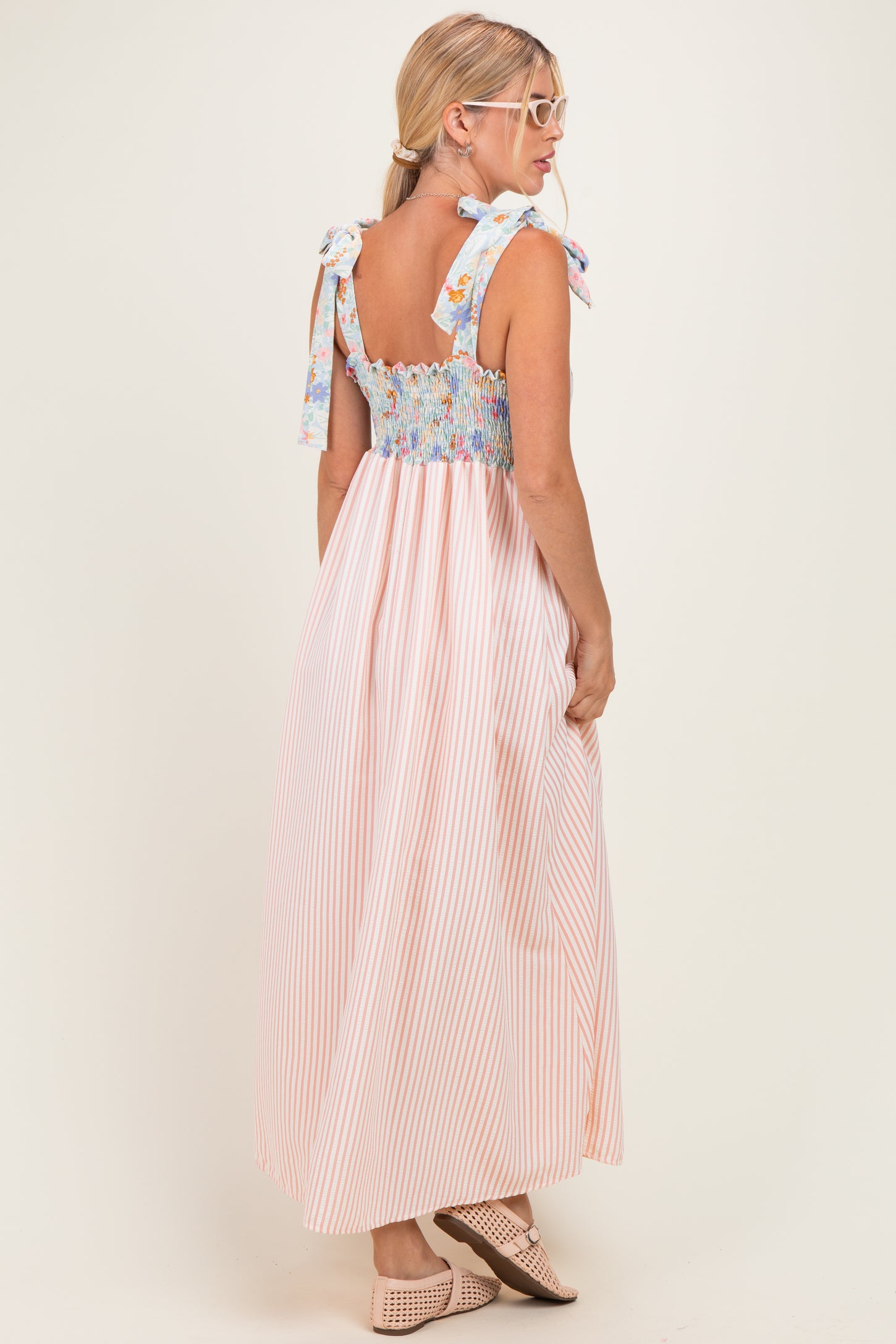 Pink Striped Sleeveless Smocked Floral Maxi Dress