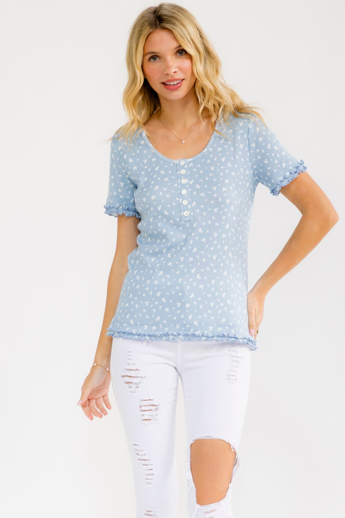 Blue Floral Ruffle Trim Henley Top