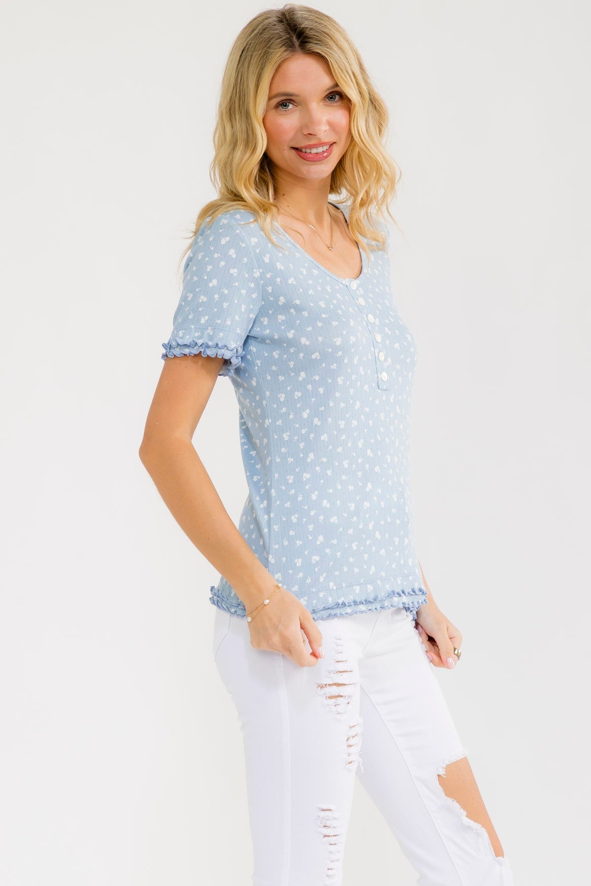 Blue Floral Ruffle Trim Henley Top