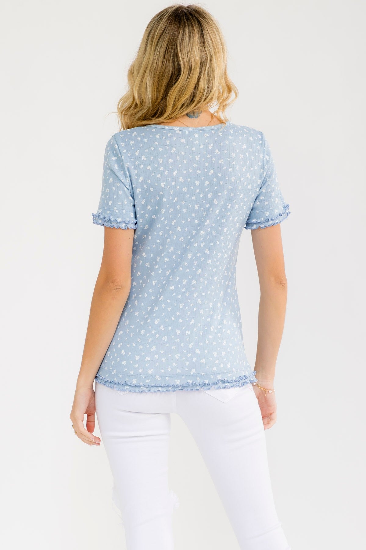 Blue Floral Ruffle Trim Henley Top