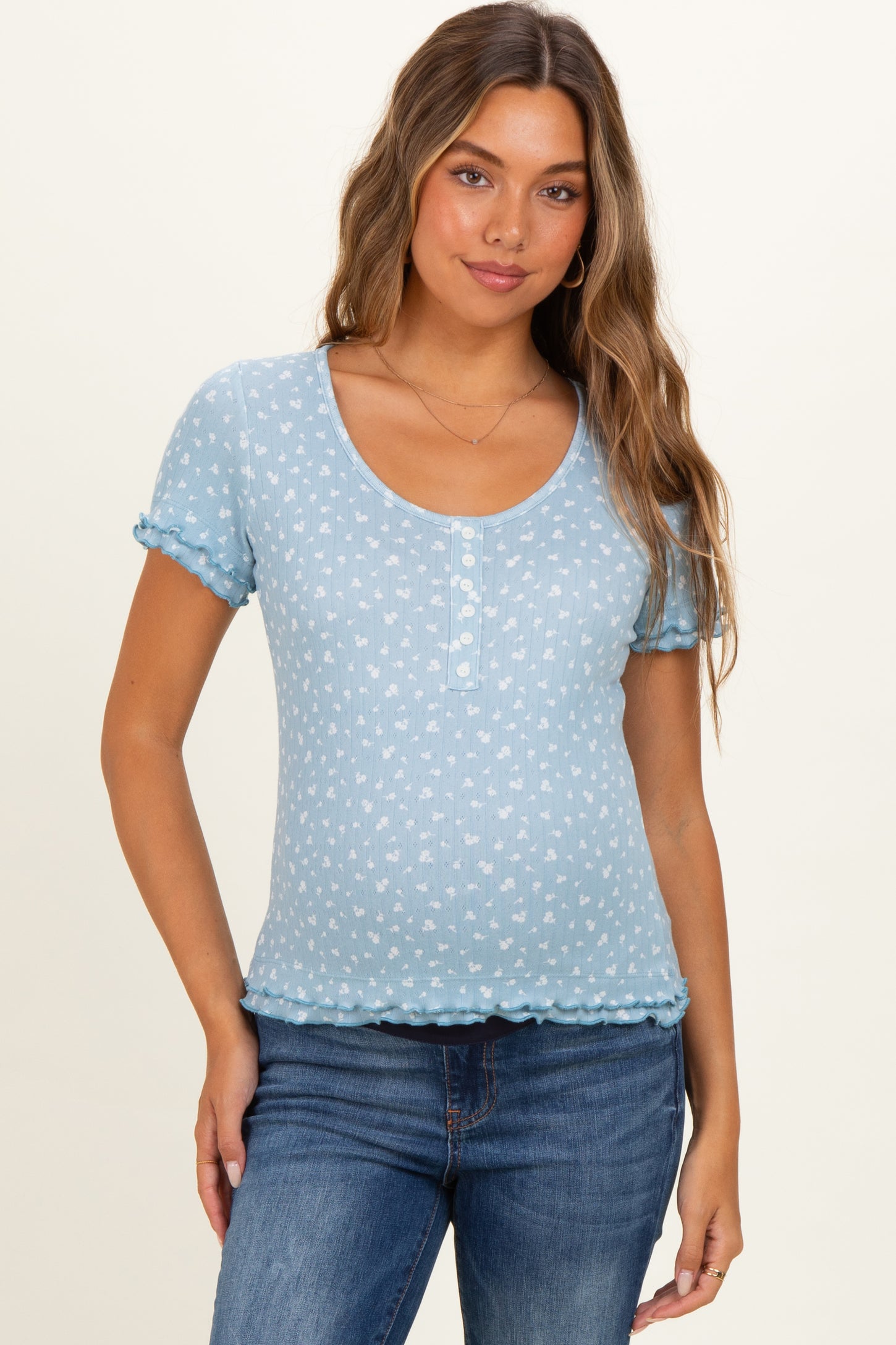Blue Floral Ruffle Trim Maternity Henley Top
