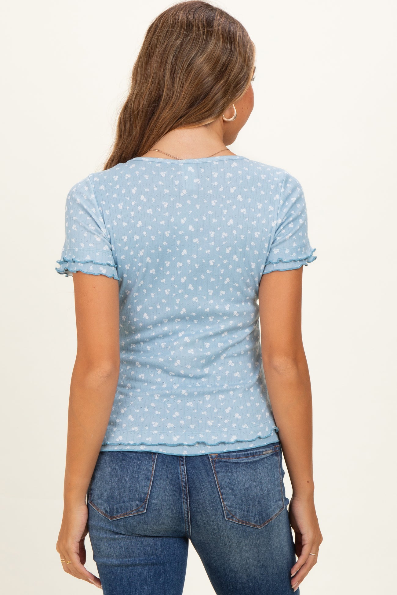 Blue Floral Ruffle Trim Maternity Henley Top