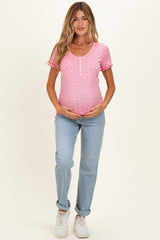 Pink Floral Ruffle Trim Maternity Henley Top