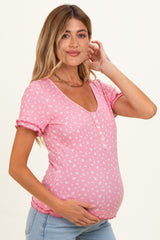 Pink Floral Ruffle Trim Maternity Henley Top