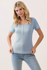 Light Blue Ruffle Trim Pointelle Knit Maternity Henley Top