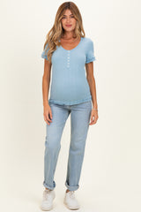 Light Blue Ruffle Trim Pointelle Knit Maternity Henley Top