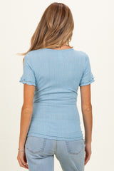 Light Blue Ruffle Trim Pointelle Knit Maternity Henley Top