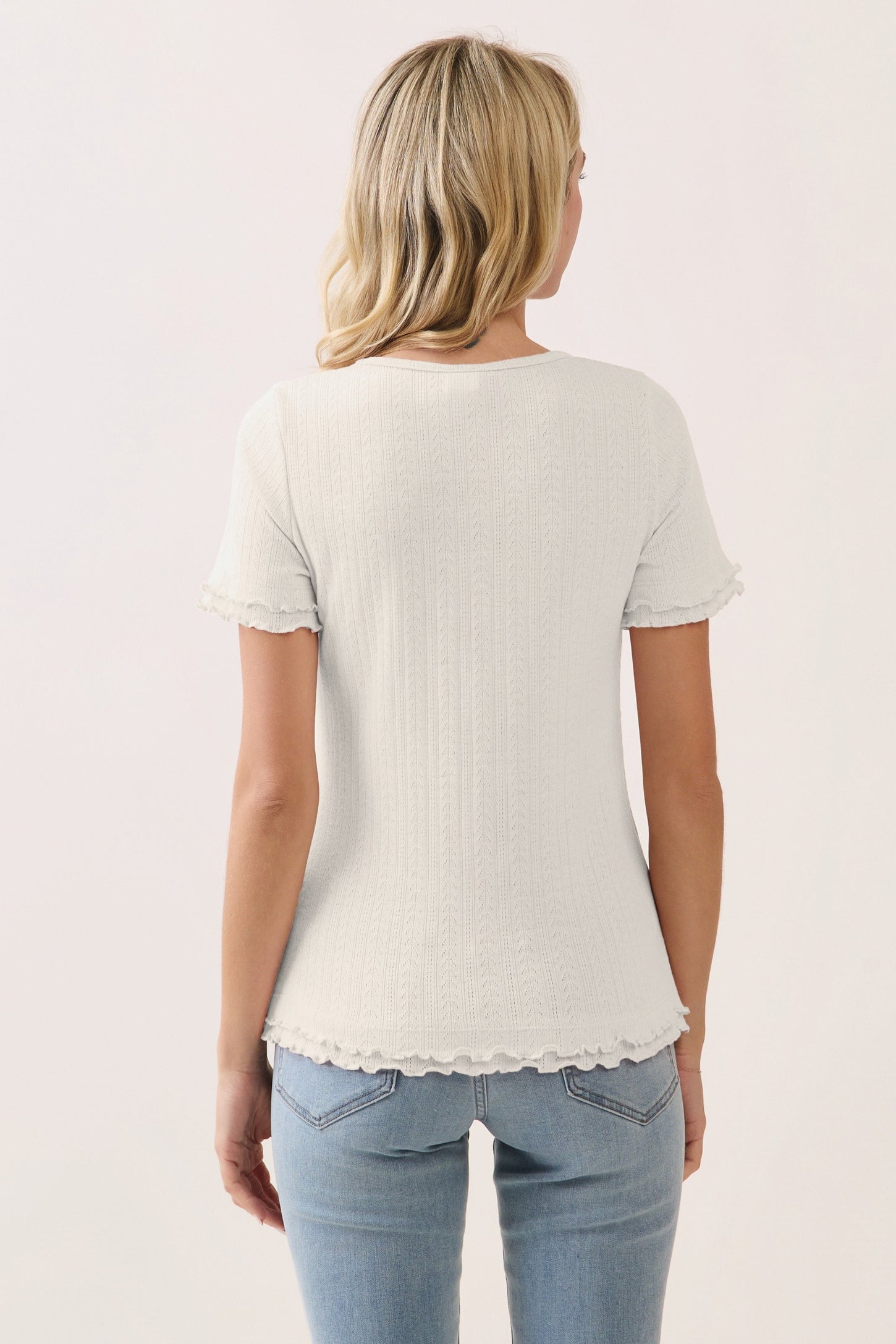 Off White Ruffle Trim Pointelle Knit Henley Top