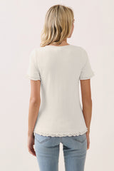 Off White Ruffle Trim Pointelle Knit Henley Top