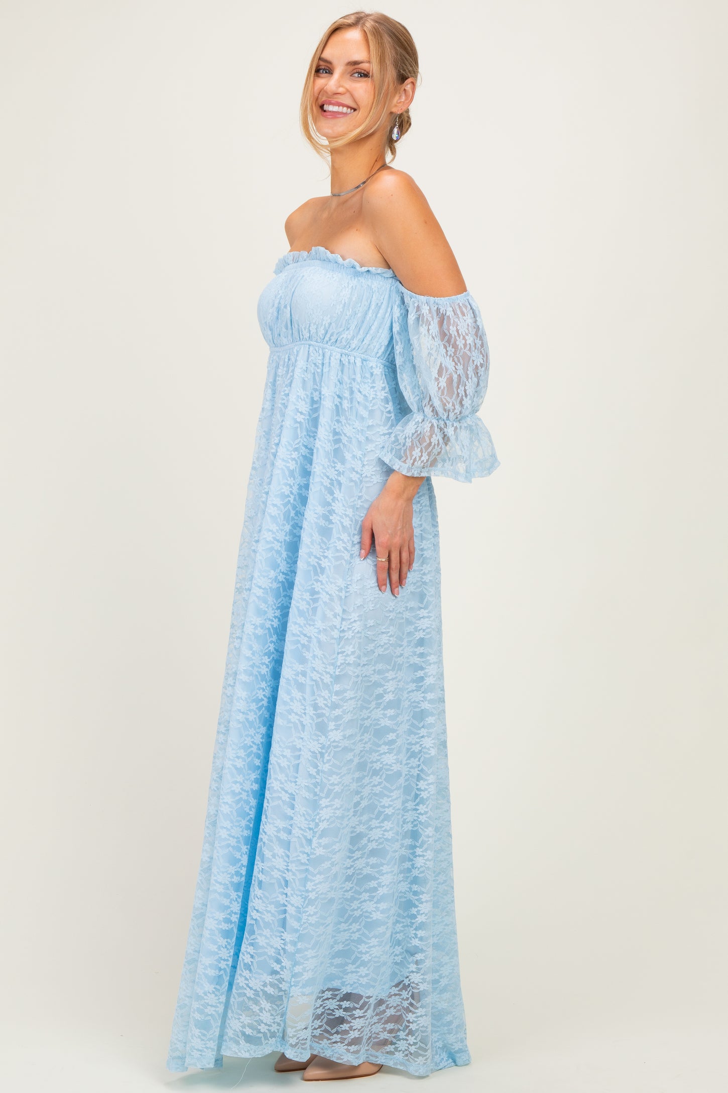 Light Blue Lace Off Shoulder Maxi Dress