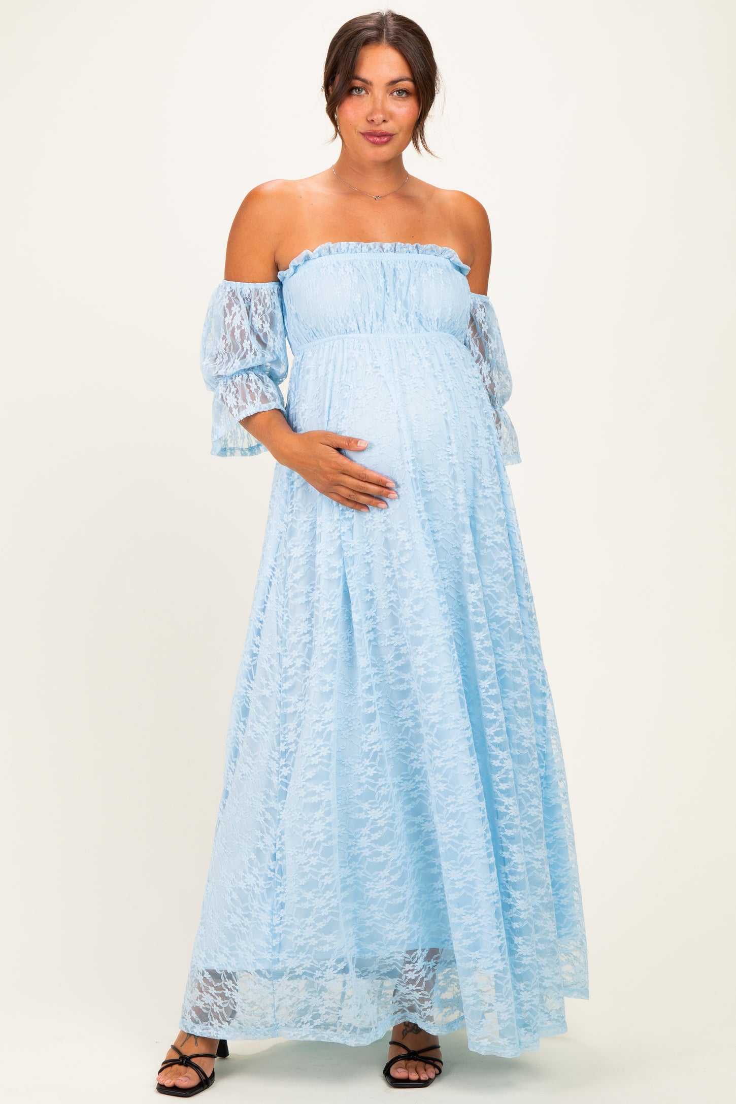 Light Blue Lace Off Shoulder Maternity Maxi Dress