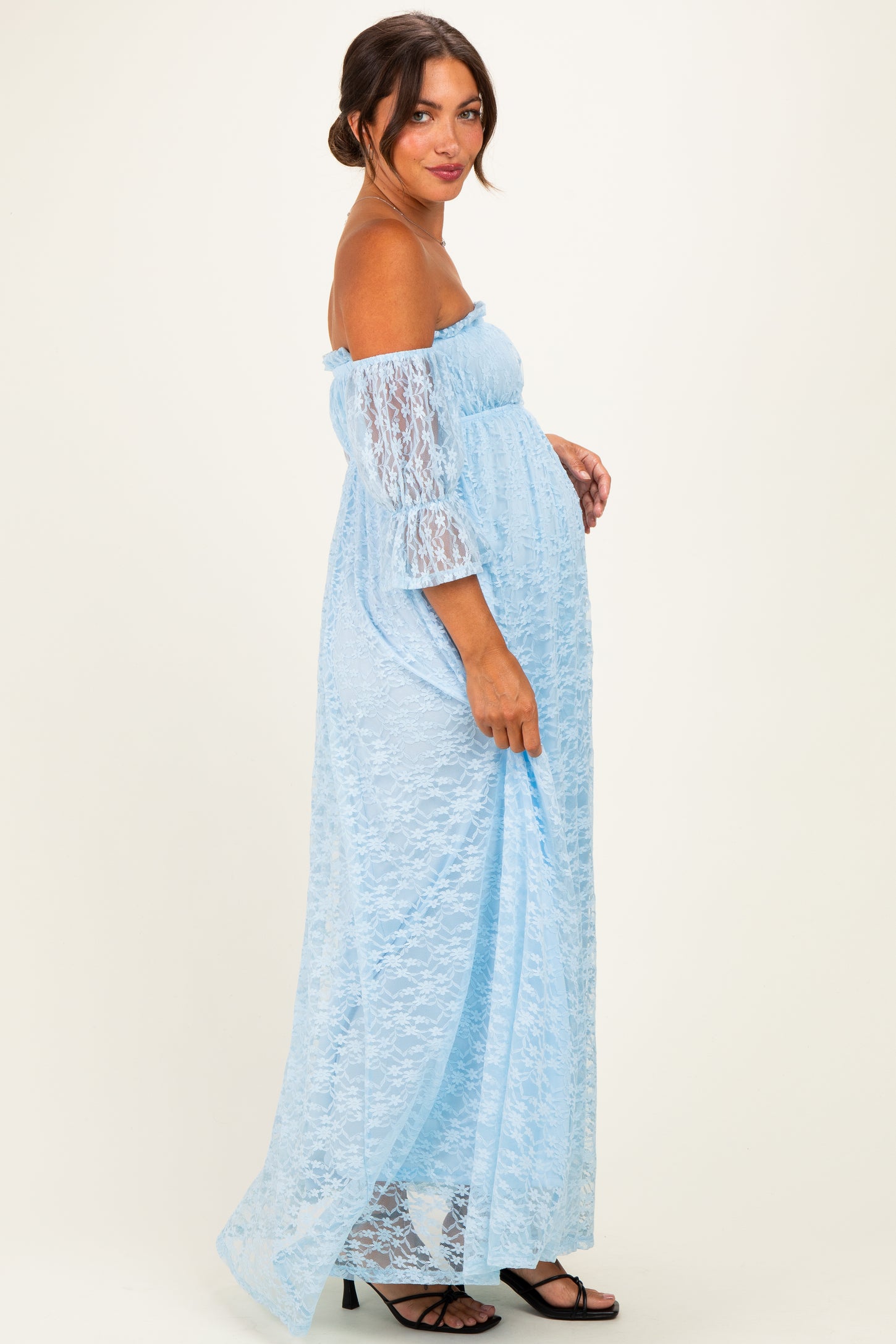 Light Blue Lace Off Shoulder Maternity Maxi Dress