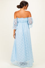 Light Blue Lace Off Shoulder Maternity Maxi Dress