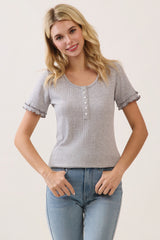 Heather Grey Ruffle Trim Pointelle Knit Henley Top