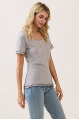 Heather Grey Ruffle Trim Pointelle Knit Henley Top