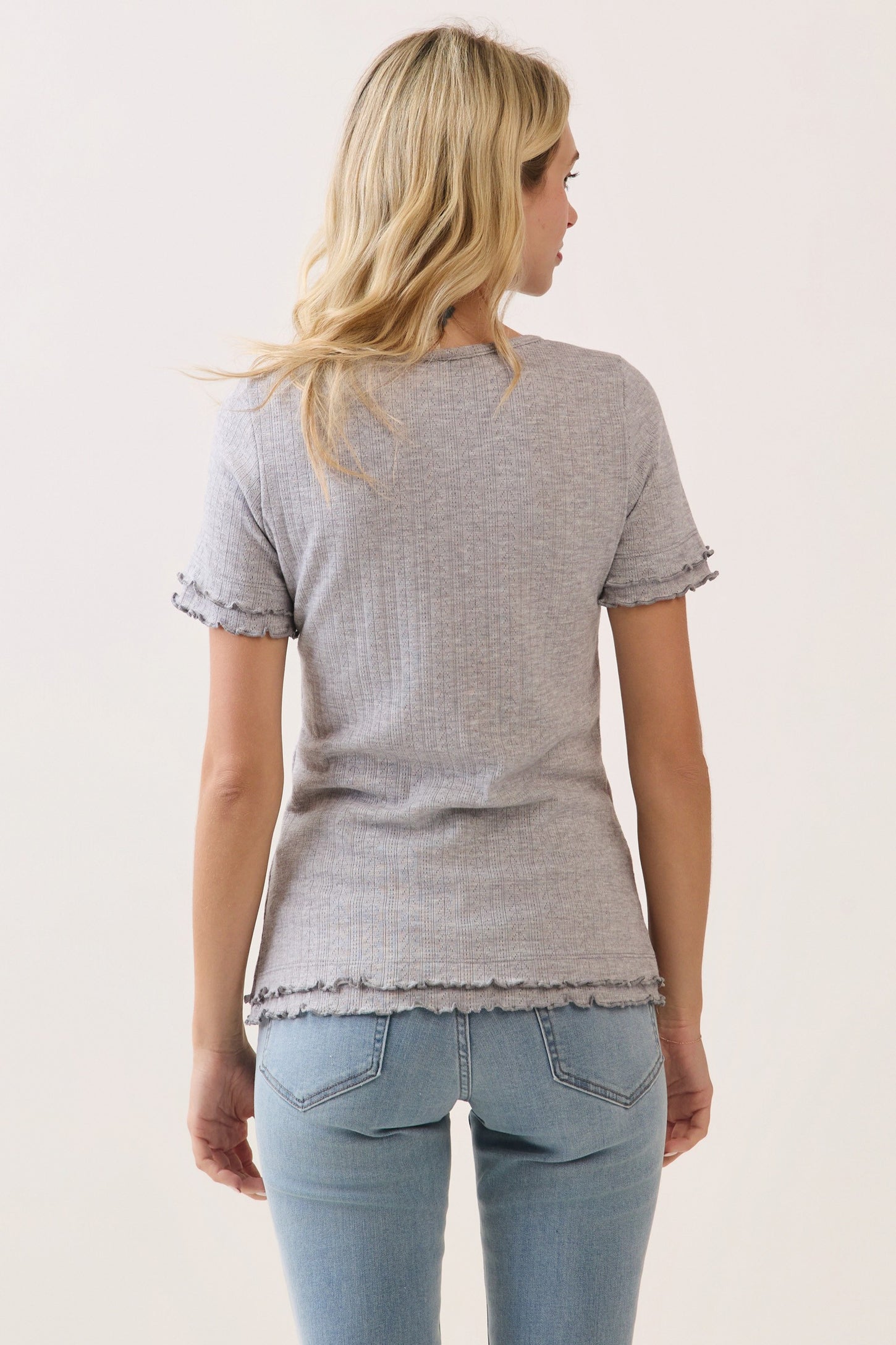 Heather Grey Ruffle Trim Pointelle Knit Henley Top