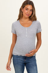Heather Grey Ruffle Trim Pointelle Knit Maternity Henley Top