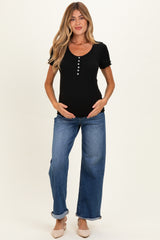Black Ruffle Trim Pointelle Knit Maternity Henley Top