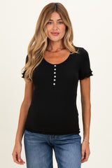 Black Ruffle Trim Pointelle Knit Maternity Henley Top