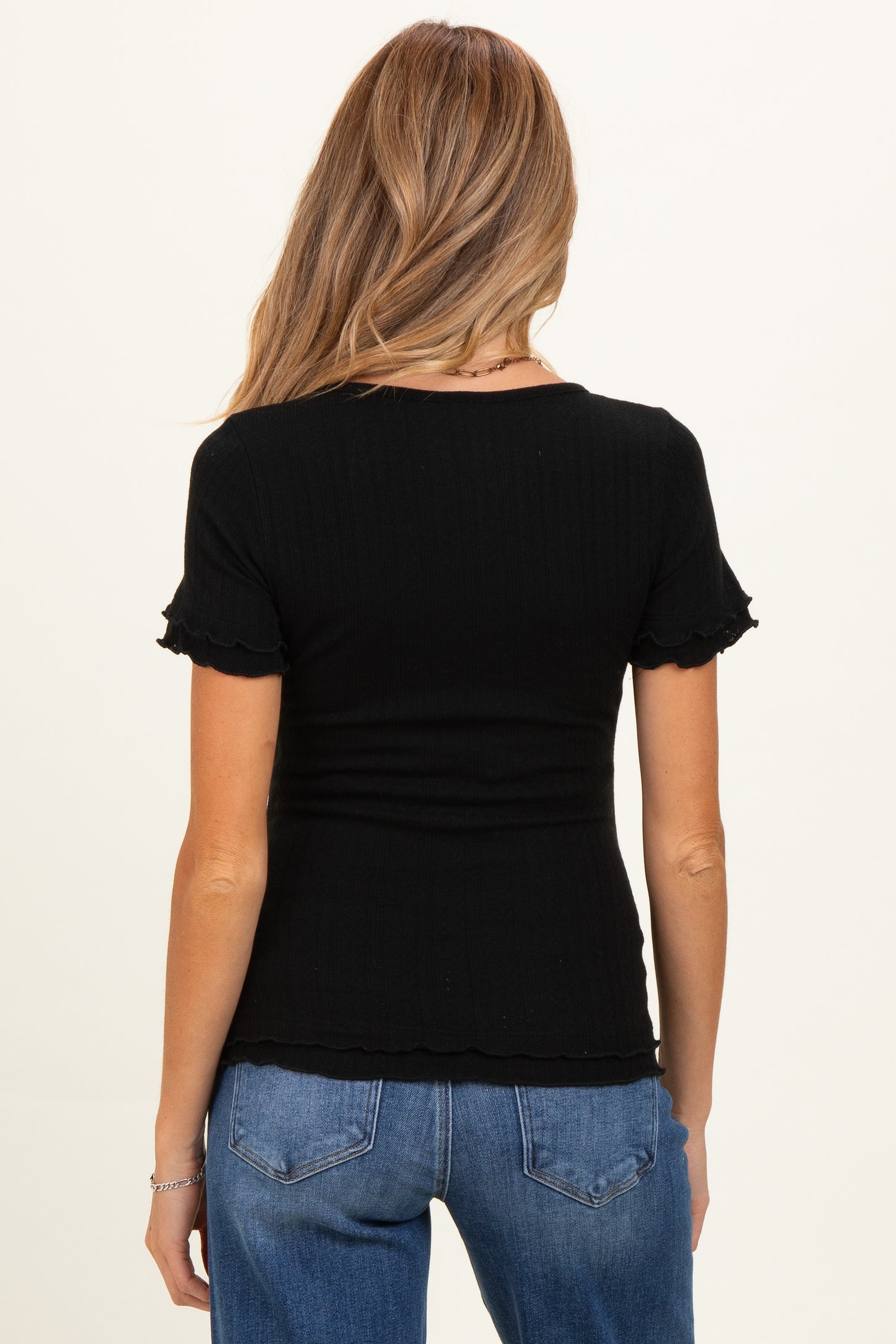 Black Ruffle Trim Pointelle Knit Maternity Henley Top