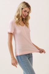 Light Pink Ruffle Trim Pointelle Knit Henley Top