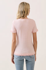 Light Pink Ruffle Trim Pointelle Knit Henley Top