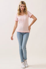 Light Pink Ruffle Trim Pointelle Knit Henley Top