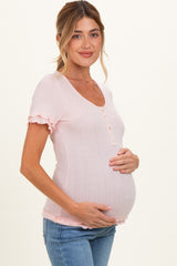 Light Pink Ruffle Trim Pointelle Knit Maternity Henley Top