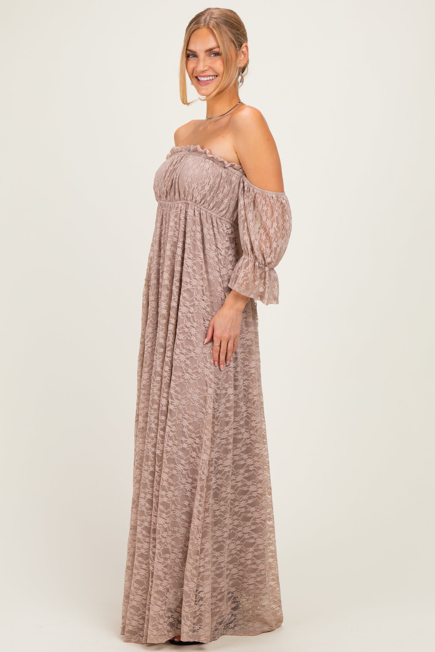 Mocha Lace Off Shoulder Maxi Dress