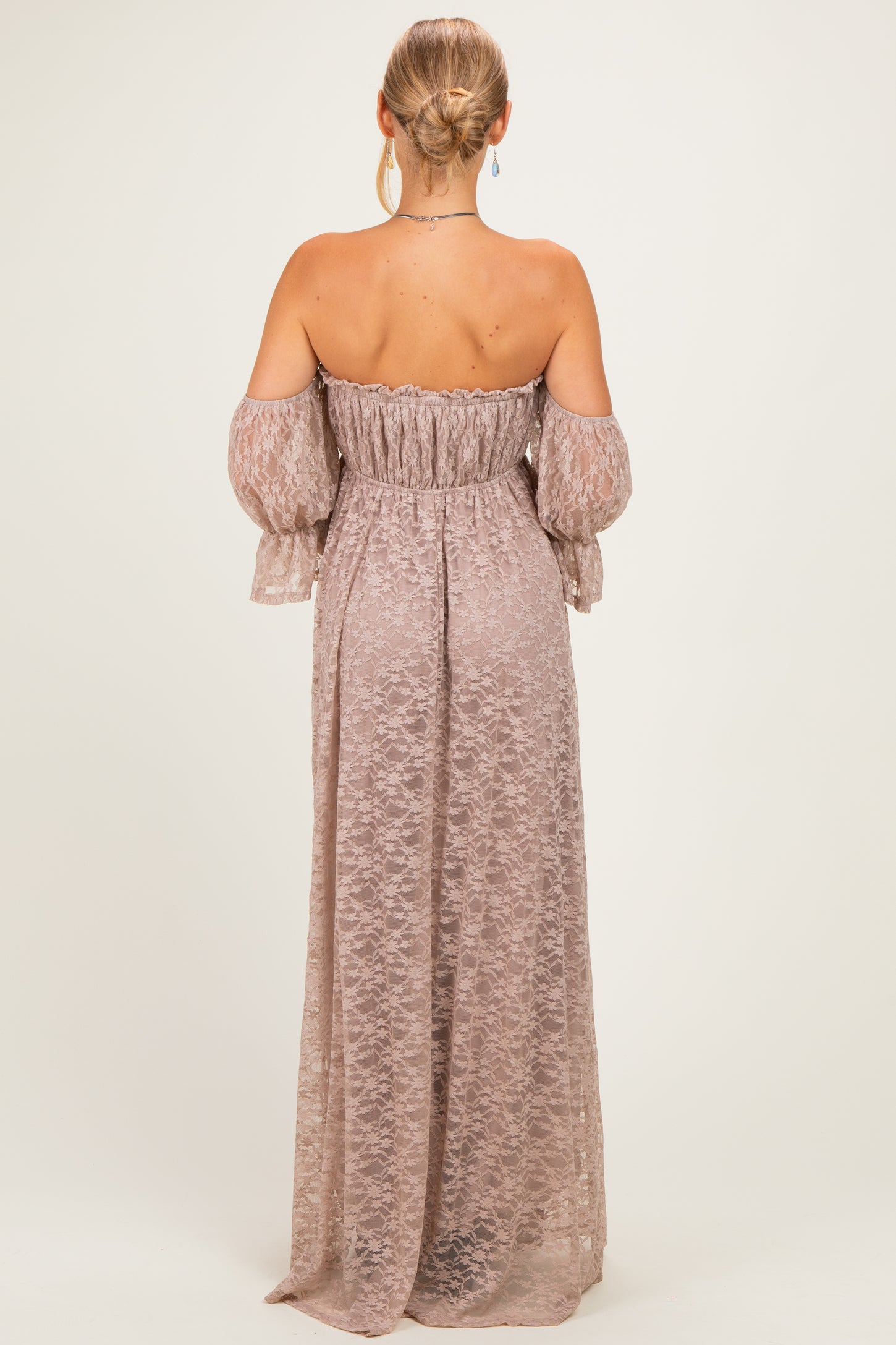 Mocha Lace Off Shoulder Maxi Dress