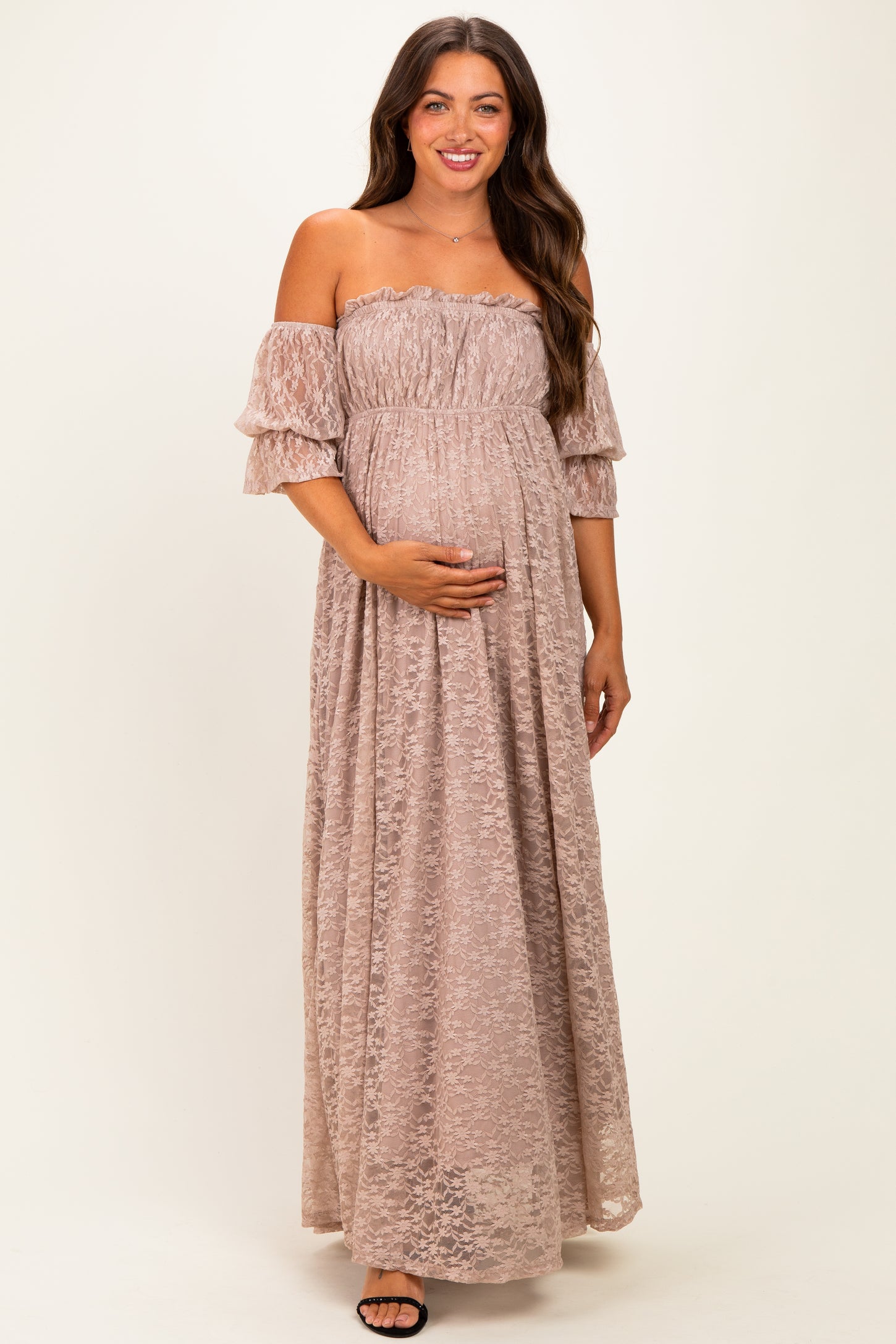 Mocha Lace Off Shoulder Maternity Maxi Dress