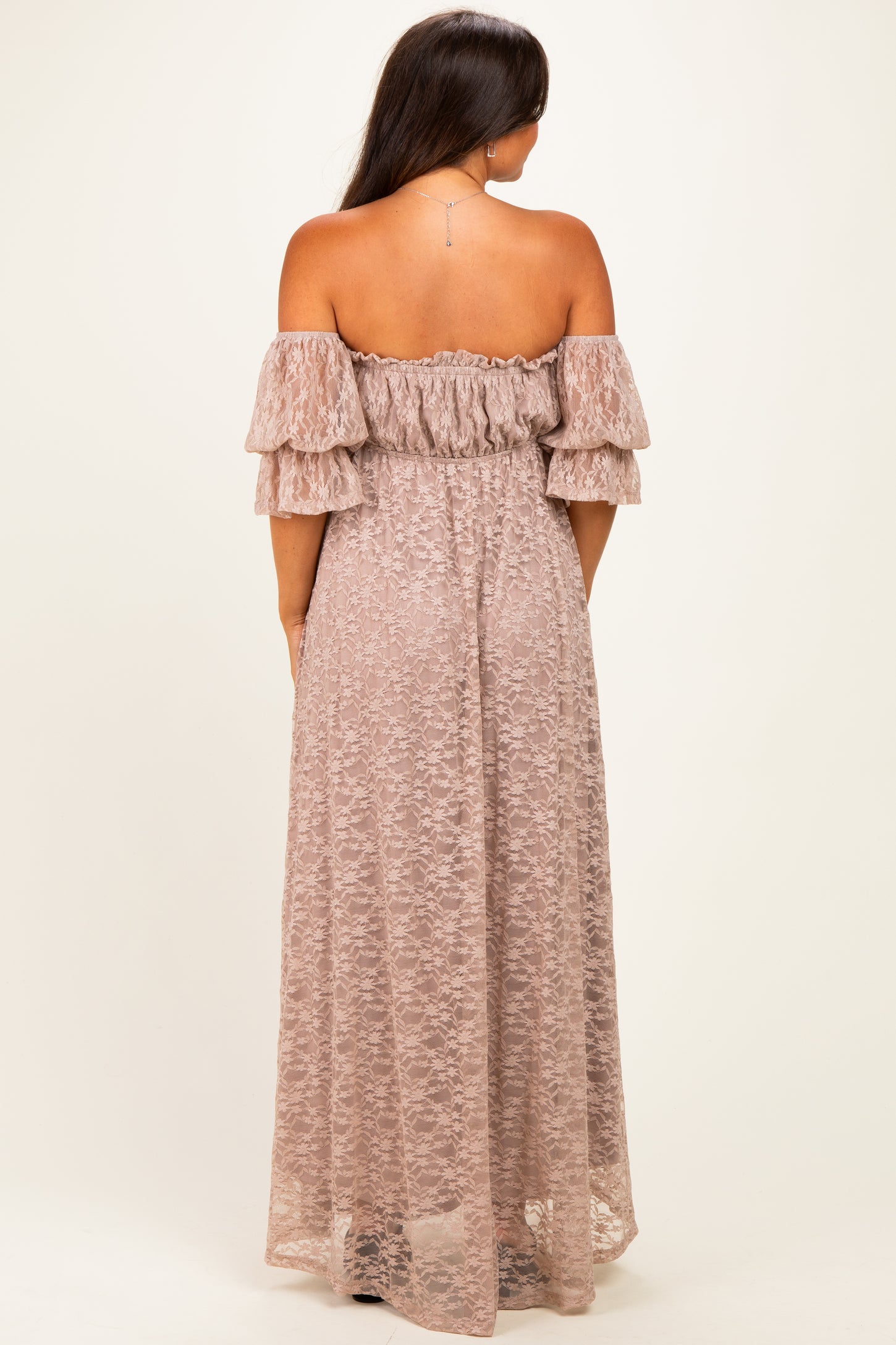 Mocha Lace Off Shoulder Maternity Maxi Dress