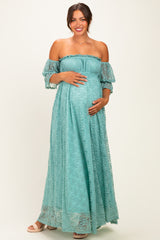 Mint Lace Off Shoulder Maternity Maxi Dress
