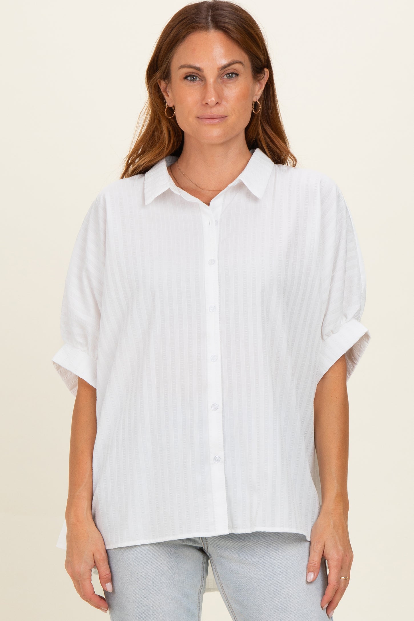 White Button Down Textured Stripe Oversized Shirt