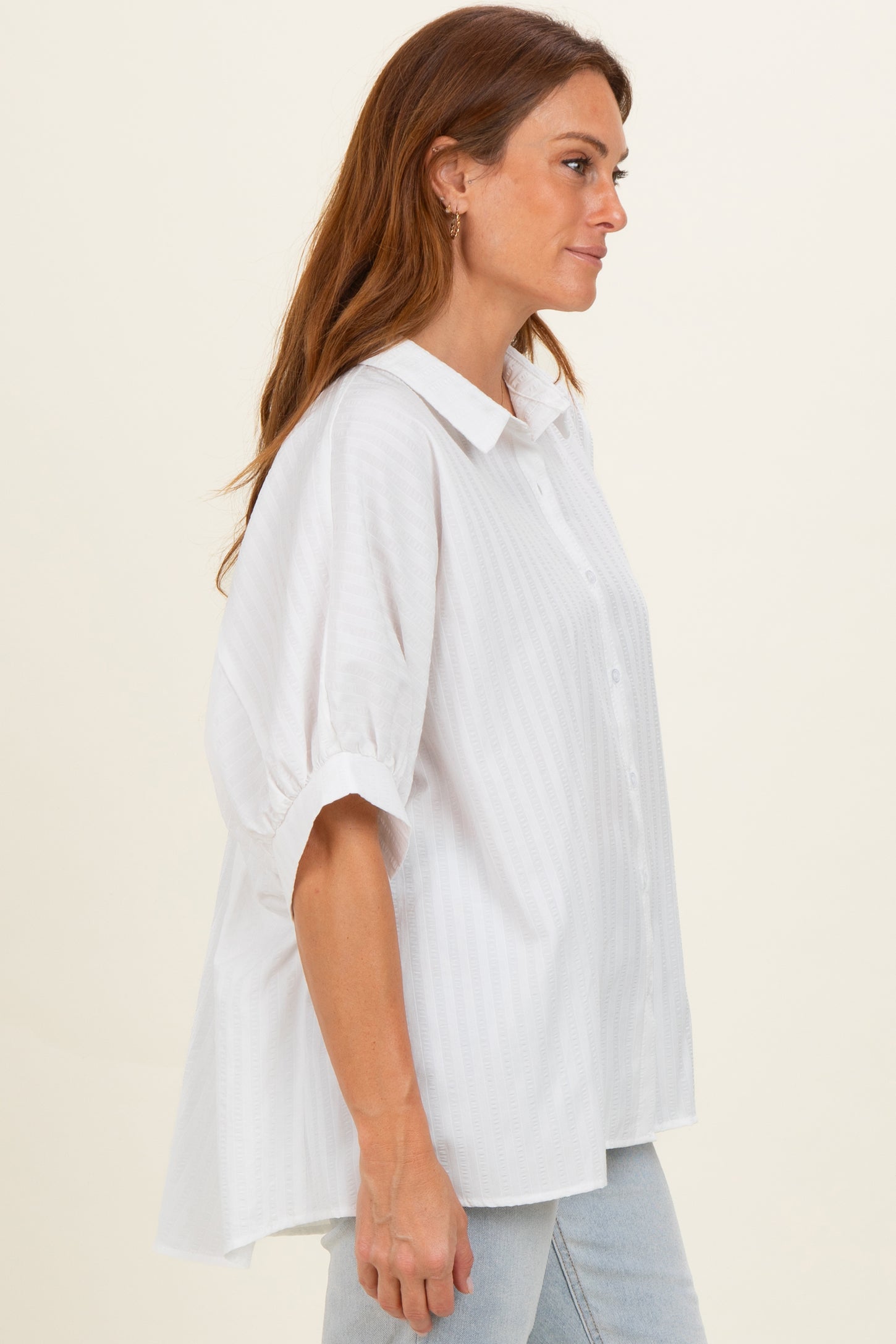 White Button Down Textured Stripe Oversized Shirt
