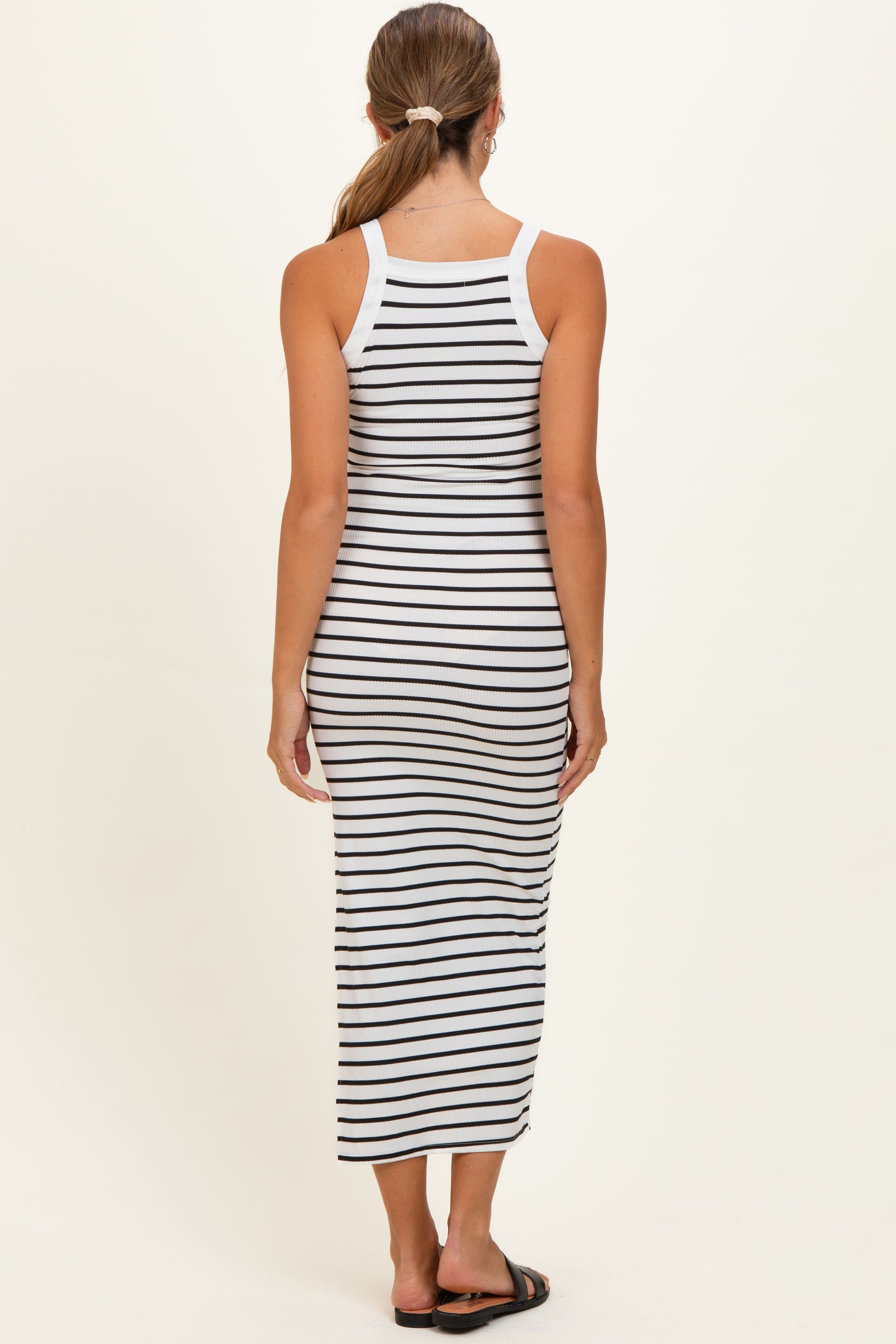 White Striped High Neck Ribbed Maternity Maxi Dress