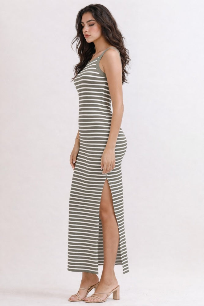 Faded Olive Striped High Neck Ribbed Maxi Dress